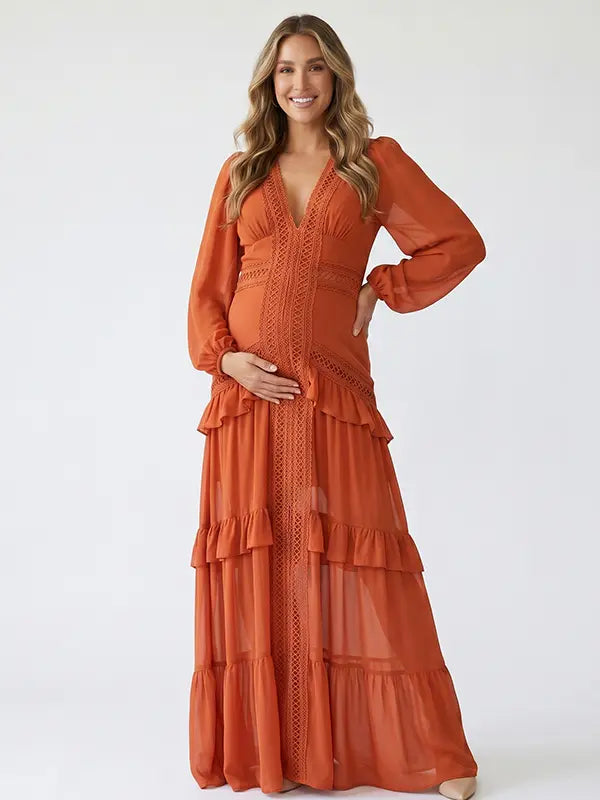 burnt orange lace trim maternity maxi dress with long sleeves and flowing tiered skirt