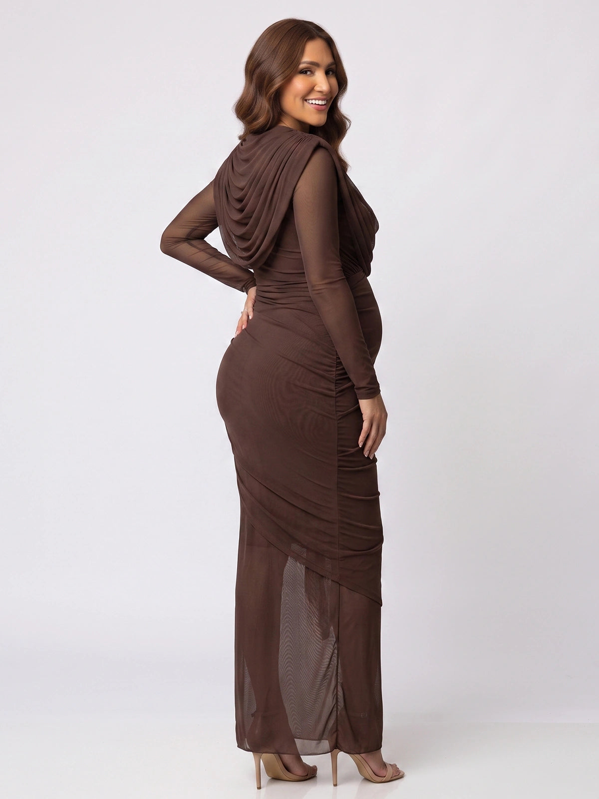 Brown Fall Maternity Dress, Long Sleeve Maternity Dress for Baby Shower, Maternity Photoshoot, Gender Reveal, Pregnancy Announcement, Wedding Guest, Formal Events | Bumplook