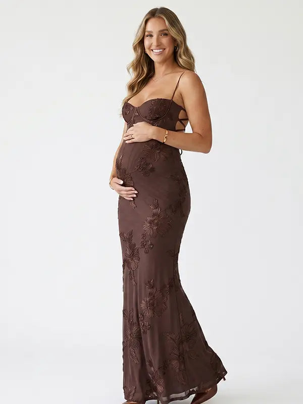 brown maternity dress embroidered floral mermaid lace up back elegant pregnancy gown