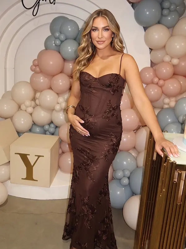 brown maternity dress embroidered floral mermaid lace up back elegant pregnancy gown