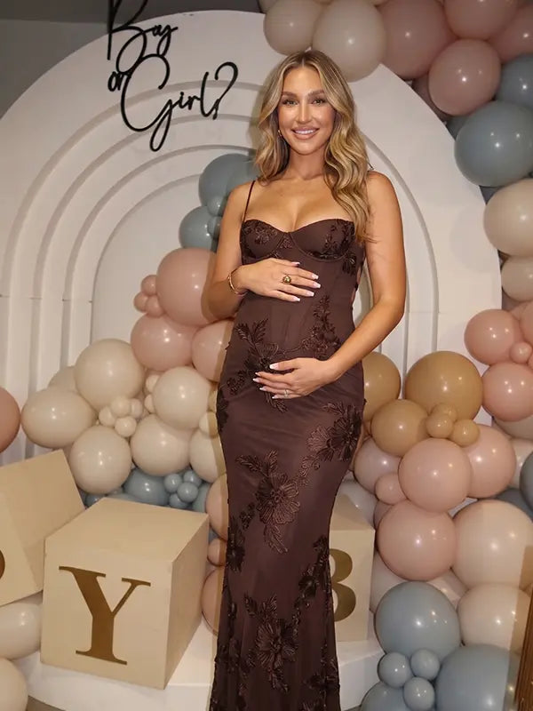 brown maternity dress embroidered floral mermaid lace up back elegant pregnancy gown
