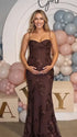 brown maternity dress embroidered floral mermaid lace up back elegant pregnancy gown
