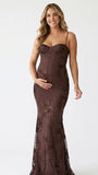 brown maternity dress embroidered floral mermaid lace up back elegant pregnancy gown