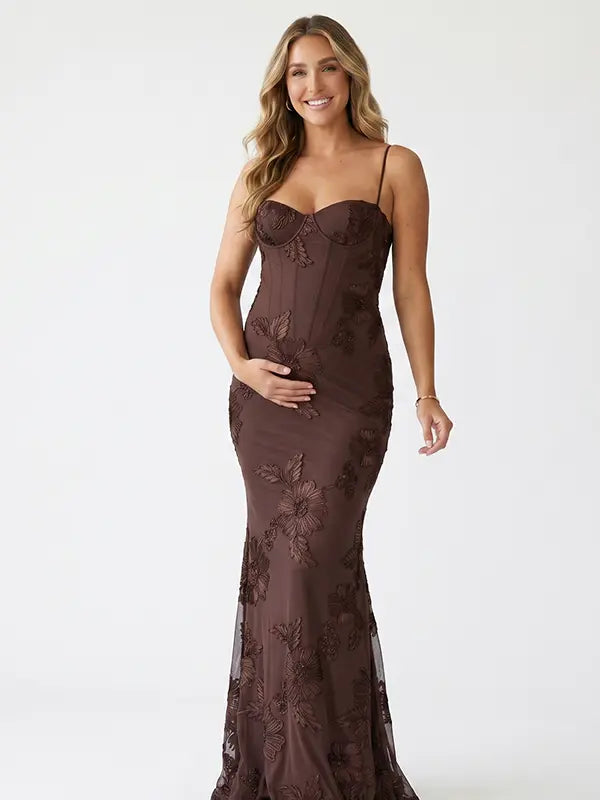brown maternity dress embroidered floral mermaid lace up back elegant pregnancy gown