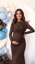 Dark Brown Maternity Dress, Long Sleeve Maternity Dress for Baby Shower, Maternity Photoshoot, Gender Reveal, Pregnancy Announcement, Wedding Guest, Bridal Shower, Formal Events | Bumplook