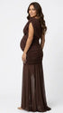 brown mesh panel maternity maxi dress asymmetrical bodycon pregnancy gown