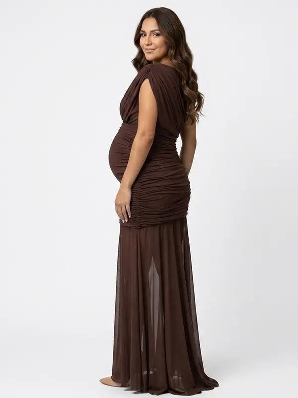 brown mesh panel maternity maxi dress asymmetrical bodycon pregnancy gown