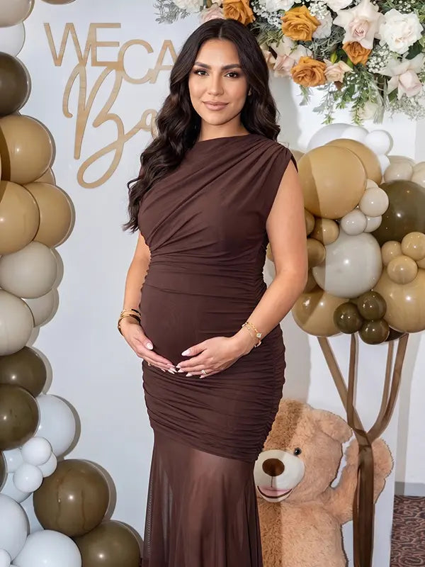 brown elegant maternity dress mesh patchwork bodycon photoshoot gown for baby shower