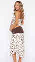 Brown Polka Dot Maternity Crop Top with Adjustable Straps, Two Piece Pregnancy Outfit Detail | Bumplook