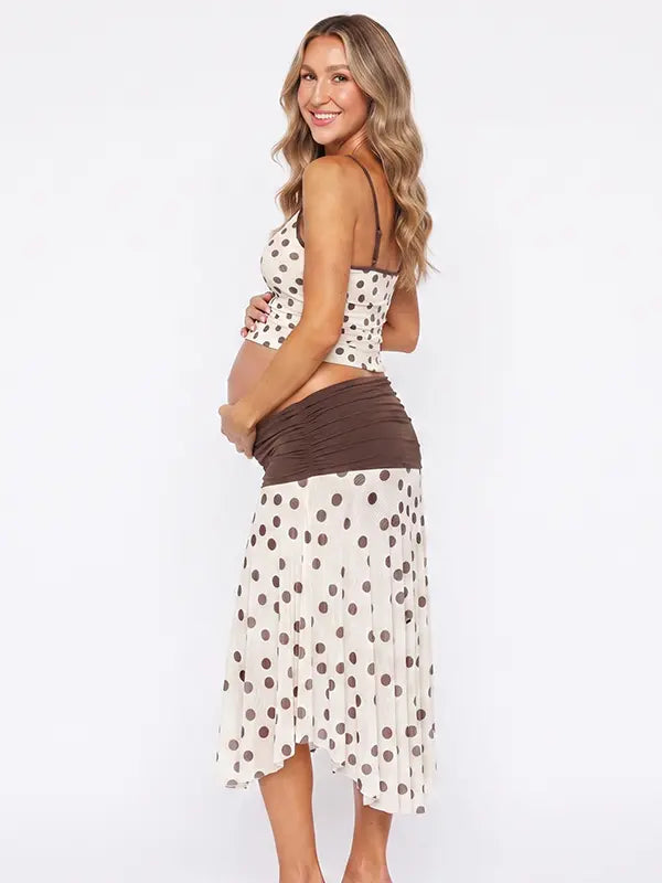 Brown Polka Dot Maternity Crop Top with Adjustable Straps, Two Piece Pregnancy Outfit Detail | Bumplook