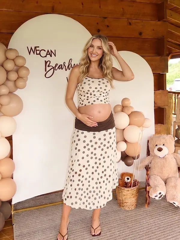 Brown Polka Dot Maternity Two Piece Set, Maternity Crop Top and Midi Skirt for Baby Shower, Maternity Photoshoot, Pregnancy Announcement, Gender Reveal | Bumplook