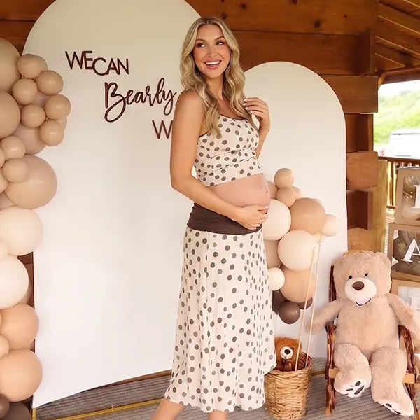 Brown Polka Dot Maternity Crop Top with Adjustable Straps, Two Piece Pregnancy Outfit Detail | Bumplook