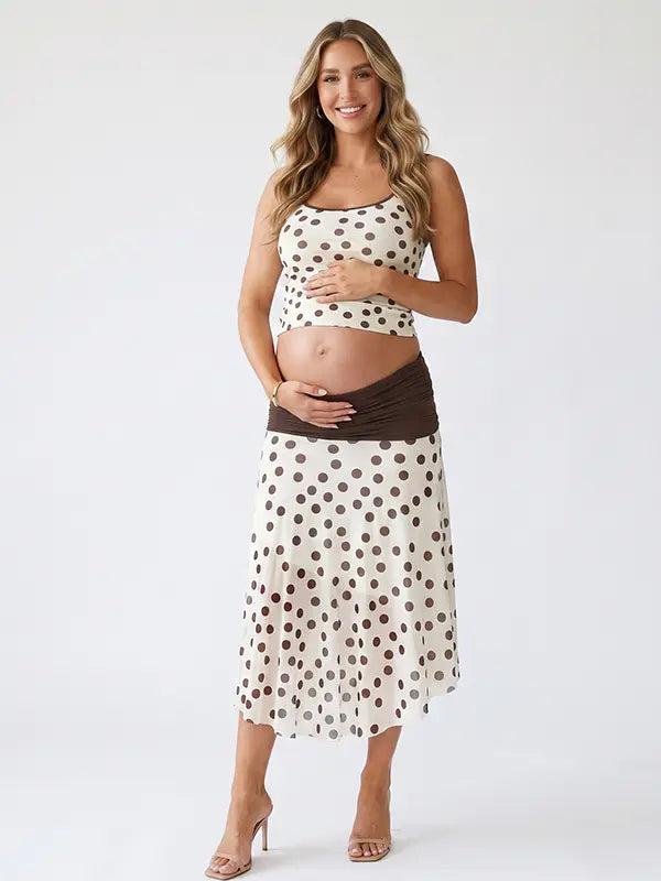 Brown Polka Dot Maternity Two Piece Set, Maternity Crop Top and Midi Skirt for Baby Shower, Maternity Photoshoot, Pregnancy Announcement, Gender Reveal | Bumplook