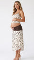 Brown Polka Dot Maternity Midi Skirt with Ruched Waist and Mesh Overlay, Pregnancy Outfit Detail | Bumplook