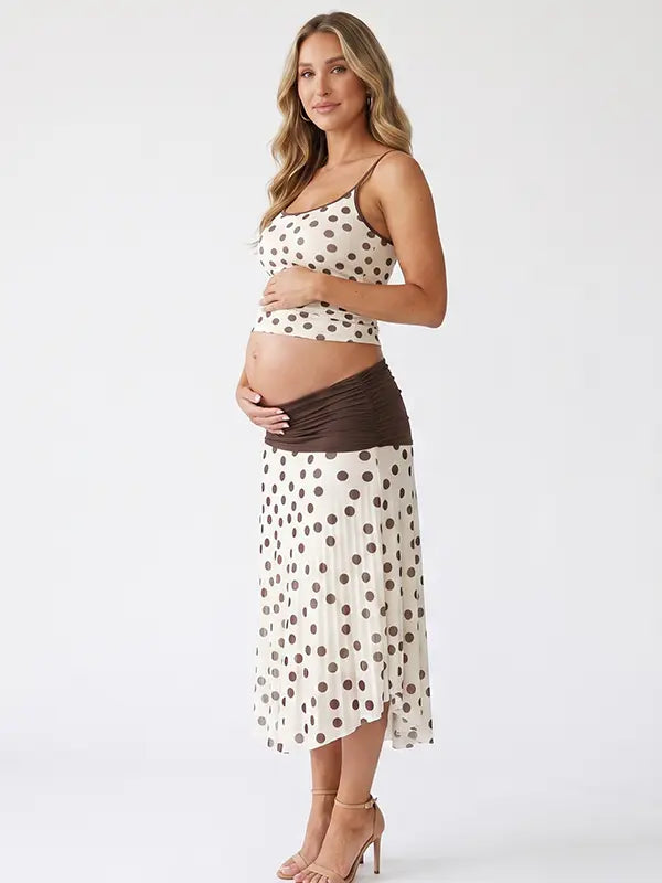 Brown Polka Dot Maternity Midi Skirt with Ruched Waist and Mesh Overlay, Pregnancy Outfit Detail | Bumplook