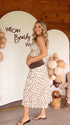 Brown Polka Dot Maternity Midi Skirt with Ruched Waist and Mesh Overlay, Pregnancy Outfit Detail | Bumplook