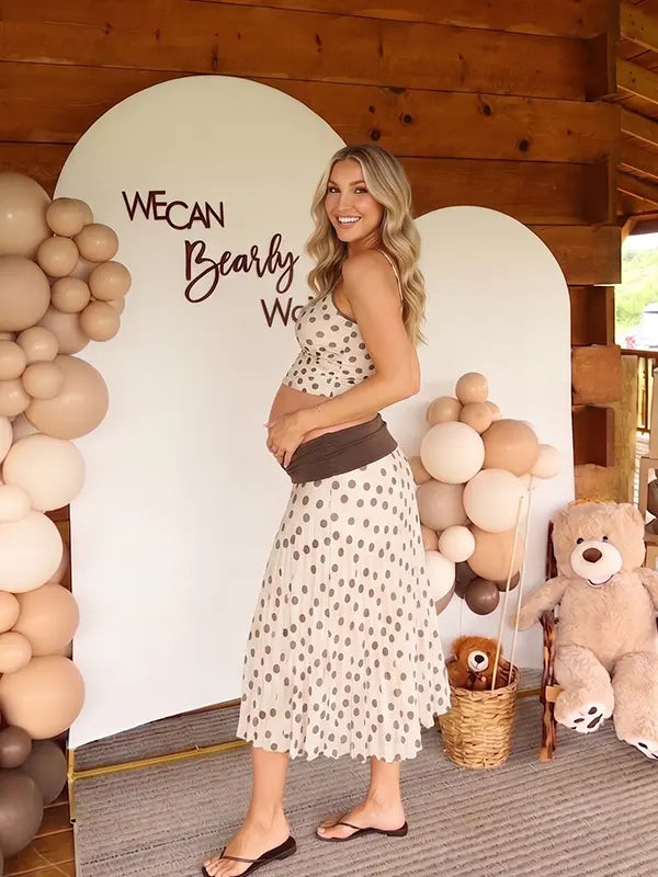 Brown Polka Dot Maternity Midi Skirt with Ruched Waist and Mesh Overlay, Pregnancy Outfit Detail | Bumplook
