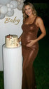 glam brown maternity dress with metallic sequins and open back for photoshoot