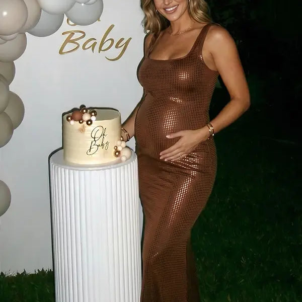 glam brown maternity dress with metallic sequins and open back for photoshoot