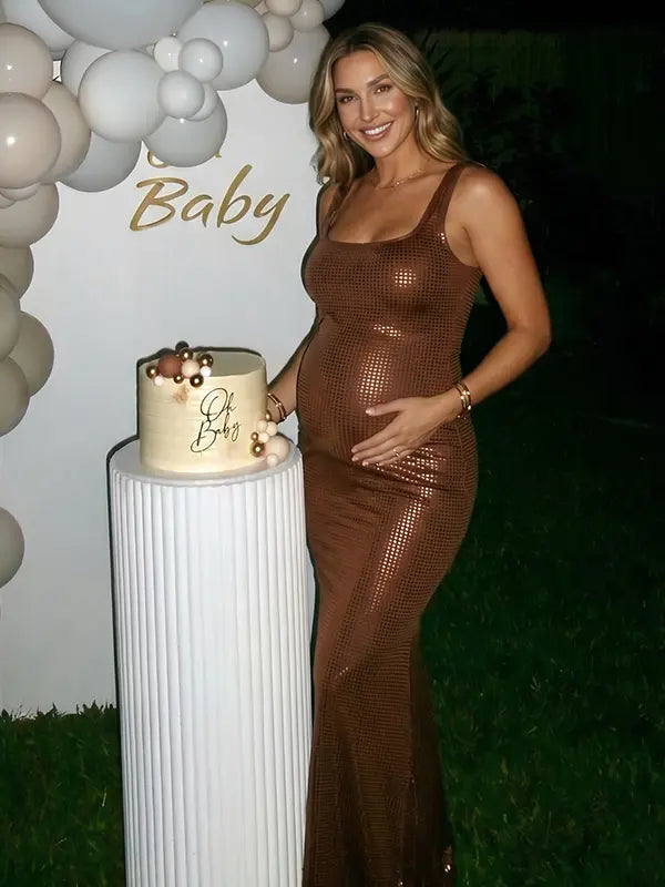 glam brown maternity dress with metallic sequins and open back for photoshoot