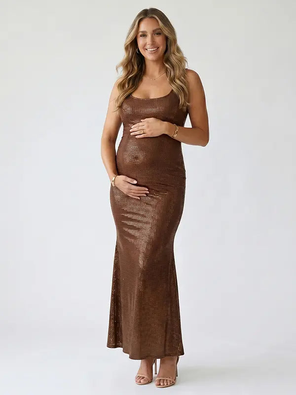 brown sequin maternity maxi dress backless bodycon pregnancy gown