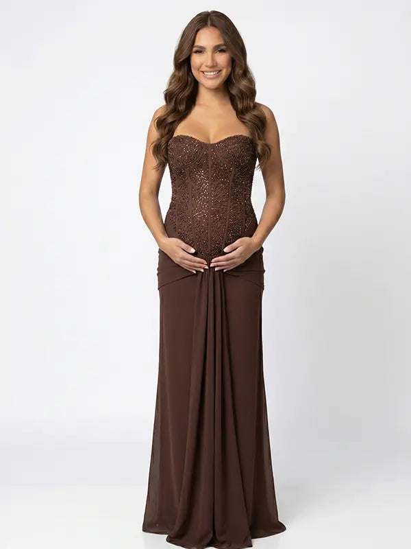 brown sequin strapless maternity maxi dress with ruched bodycon silhouette