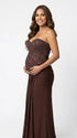 brown sequin strapless maternity maxi dress with ruched bodycon silhouette