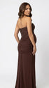 brown sequin strapless maternity maxi dress with ruched bodycon silhouette
