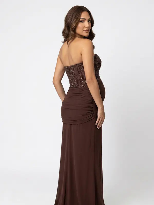 brown sequin strapless maternity maxi dress with ruched bodycon silhouette