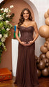 brown sequin strapless maternity maxi dress with ruched bodycon silhouette