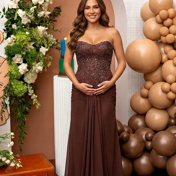 brown sequin strapless maternity maxi dress with ruched bodycon silhouette