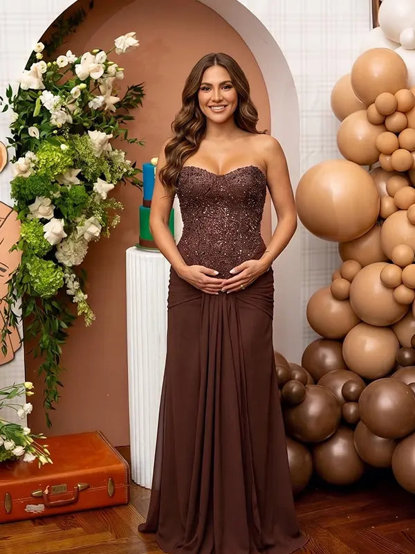 brown sequin strapless maternity maxi dress with ruched bodycon silhouette