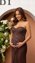 brown sequin strapless maternity maxi dress with ruched bodycon silhouette