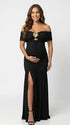 Black Ruched Off Shoulder Maternity Maxi Dress with Gold Floral Detail