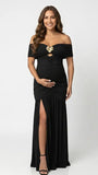 Black Ruched Off Shoulder Maternity Maxi Dress with Gold Floral Detail