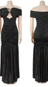 Black Ruched Off Shoulder Maternity Maxi Dress with Gold Floral Detail