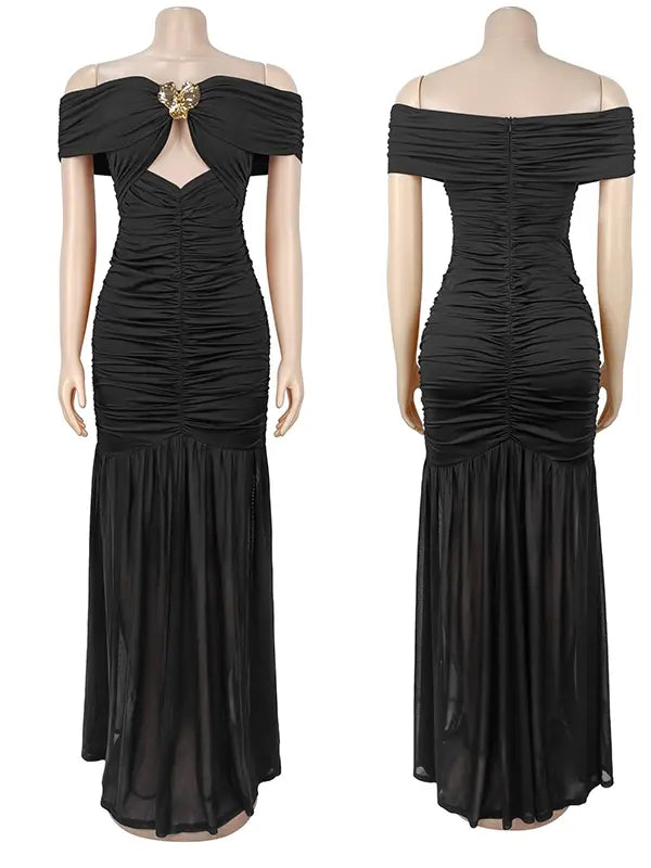 Black Ruched Off Shoulder Maternity Maxi Dress with Gold Floral Detail