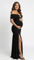 Black Ruched Off Shoulder Maternity Maxi Dress with Gold Floral Detail