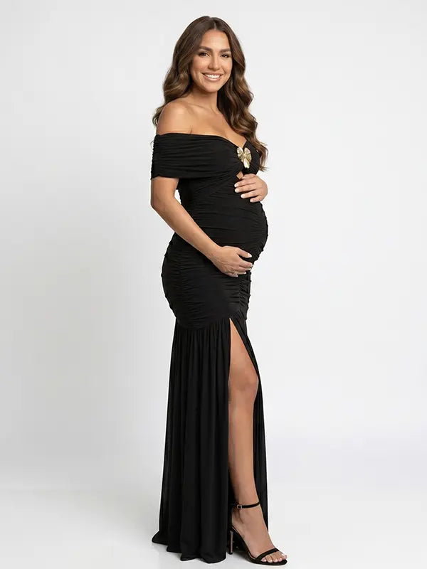 Black Ruched Off Shoulder Maternity Maxi Dress with Gold Floral Detail