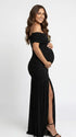 Black Ruched Off Shoulder Maternity Maxi Dress with Gold Floral Detail