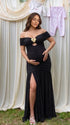 Black Ruched Off Shoulder Maternity Maxi Dress with Gold Floral Detail