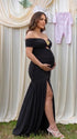 Black Ruched Off Shoulder Maternity Maxi Dress with Gold Floral Detail