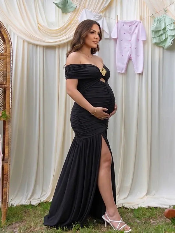 Black Ruched Off Shoulder Maternity Maxi Dress with Gold Floral Detail