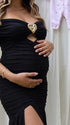 Black Ruched Off Shoulder Maternity Maxi Dress with Gold Floral Detail