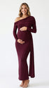 Fall Maternity Photoshoot Dress in Burgundy with Long Sleeves and Draped Detail | Bumplook