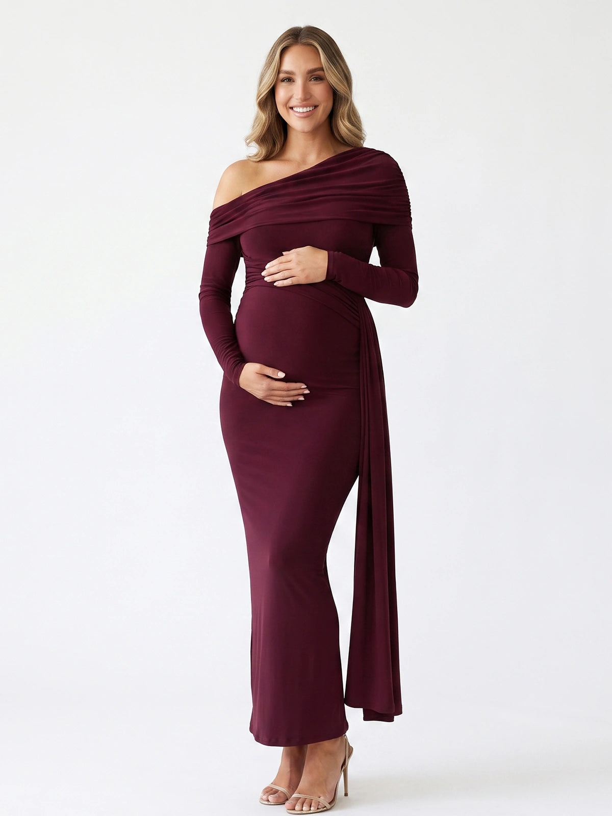 Fall Maternity Photoshoot Dress in Burgundy with Long Sleeves and Draped Detail | Bumplook