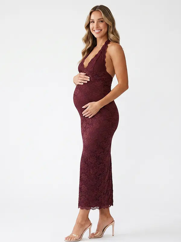 Burgundy Bodycon Maternity Dress with Floral Lace and Bump-Hugging Fit | Bumplook