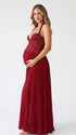 Burgundy Maternity Dress, Halter Pleated Pregnancy Maxi Dress for Baby Shower, Maternity Photoshoot, Pregnancy Announcement, Wedding Guest, Holiday Party, Formal Events | Bumplook