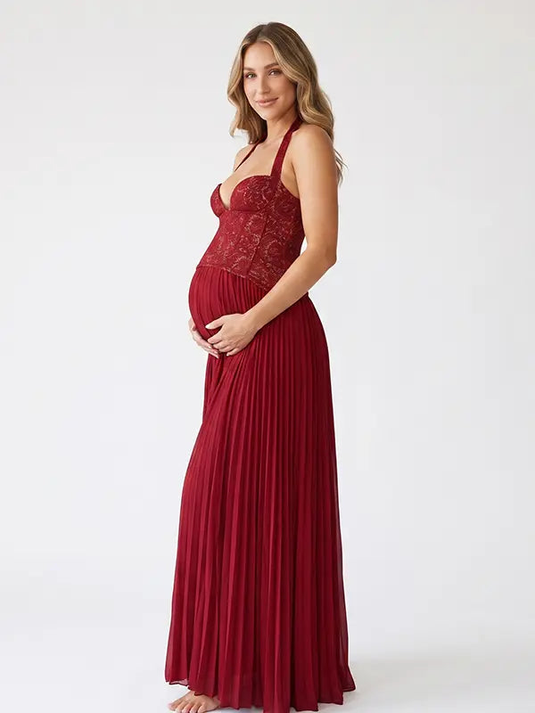 Burgundy Maternity Dress, Halter Pleated Pregnancy Maxi Dress for Baby Shower, Maternity Photoshoot, Pregnancy Announcement, Wedding Guest, Holiday Party, Formal Events | Bumplook