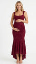 burgundy jacquard maternity midi dress with corset bodice and high low hem